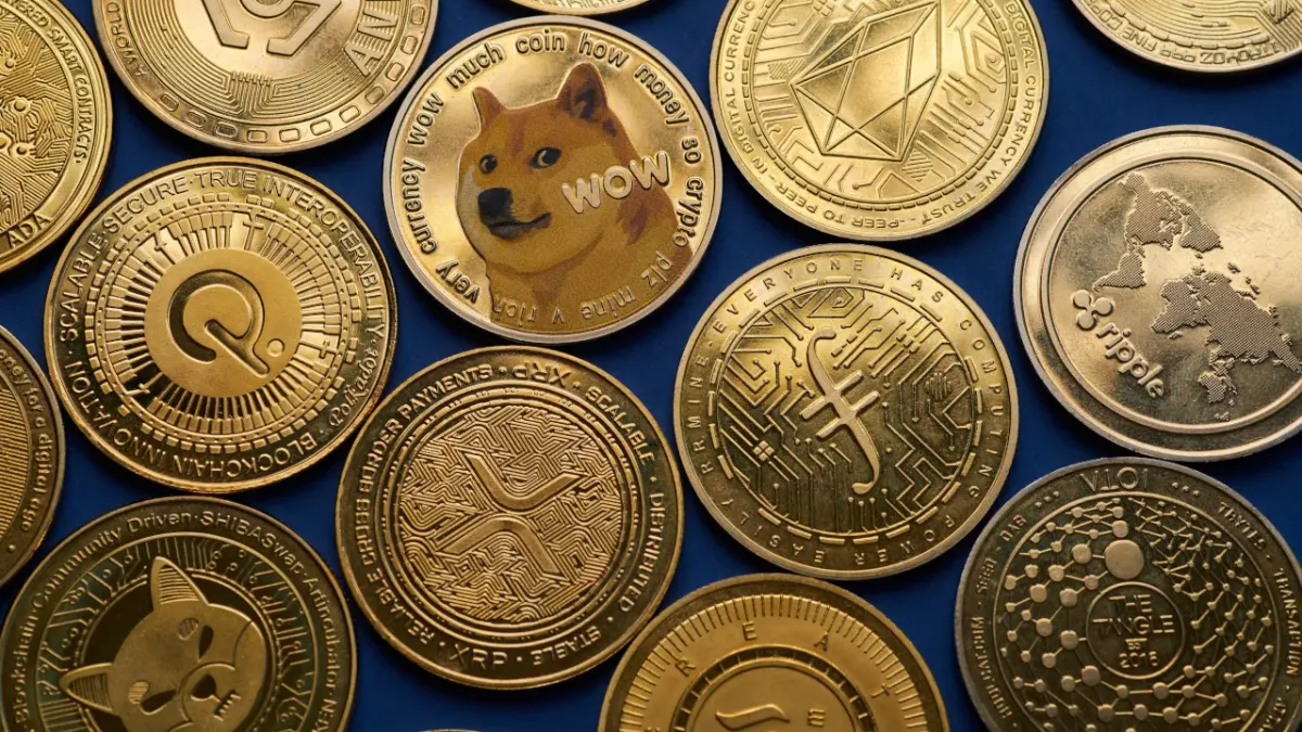 Golden Bitcoin under dramatic lighting